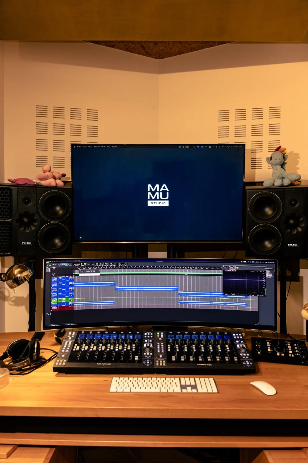 MaMu Studio control room — SSL UF8 controllers and PMC monitors
